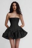 Corset A-Line Strapless Satin Little Black Dress with Ruffles