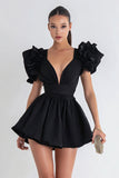 Simple A-Line V-Neck Little Black Dress with Ruffles Sleeves
