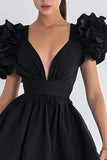 Simple A-Line V-Neck Little Black Dress with Ruffles Sleeves