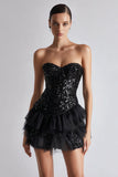 Strapless Sparkly A-Line Corset Sequin Little Black Dress