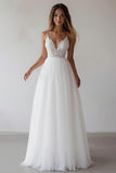 Lace A Line V Neck Long White Wedding Dress