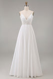 Lace A Line V Neck Long White Wedding Dress