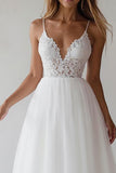 Lace A Line V Neck Long White Wedding Dress