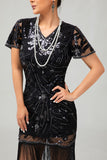 Black Golden Gatsby Sequin 1920s Dress With Fringes