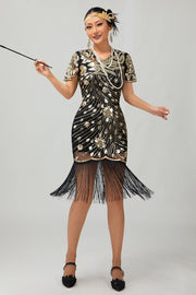 Black Golden Gatsby Sequin 1920s Dress With Fringes