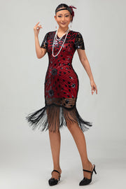 Black Red Fringed 1920s Sequin Flapper Dress