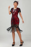 Black Red Bodycon Fringed Sequin 1920s Dress With 5-Piece Accessories Set