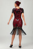 Black Red Fringed 1920s Sequin Flapper Dress