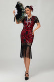 Black Red Fringed 1920s Sequin Flapper Dress
