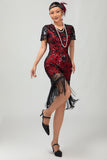 Black Red Bodycon Fringed Sequin 1920s Dress With 5-Piece Accessories Set