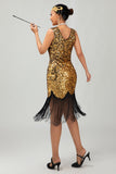Sparkly Black Golden V Neck Bodycon 1920s Dress with Fringes