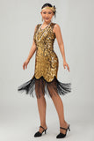 Sparkly Black Golden V Neck Bodycon 1920s Dress with Fringes