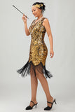 Sparkly Black Golden Bodycon Fringed1920s Dress With 5-Piece Accessories Set