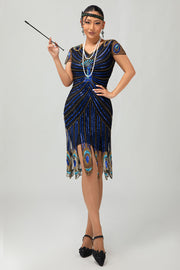 Sequin Black Blue 1920s Bodycon Gatsby Dress with Short Sleeves
