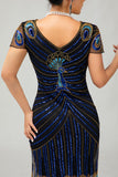 Sequin Black Blue 1920s Bodycon Gatsby Dress with Short Sleeves