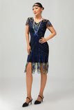 Sequin Black Blue 1920s Bodycon Gatsby Dress with Short Sleeves