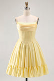 Yellow Strapless A-Line Corset Graduation Dress with Beading
