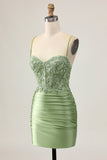 Bodycon Sequins Ruched Sage Green Short Graduation Dress