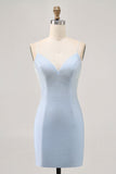 Light Blue Bodycon Spaghetti Straps Beaded Graduation Dress