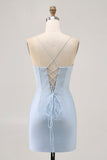 Light Blue Bodycon Spaghetti Straps Beaded Graduation Dress