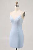 Light Blue Bodycon Spaghetti Straps Beaded Graduation Dress