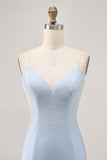 Light Blue Bodycon Spaghetti Straps Beaded Graduation Dress