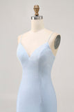 Light Blue Bodycon Spaghetti Straps Beaded Graduation Dress