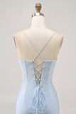 Light Blue Bodycon Spaghetti Straps Beaded Graduation Dress
