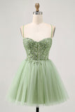 Green A Line Corset Short Graduation Dress with Appliques