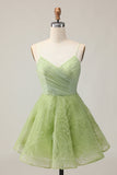 A Line Spaghetti Straps Green Ruched Short Graduation Dress with Open Back