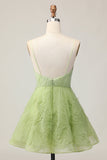 A Line Spaghetti Straps Green Ruched Short Graduation Dress with Open Back