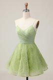 A Line Spaghetti Straps Green Ruched Short Graduation Dress with Open Back