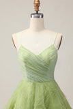 A Line Spaghetti Straps Green Ruched Short Graduation Dress with Open Back