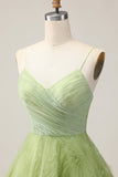 A Line Spaghetti Straps Green Ruched Short Graduation Dress with Open Back