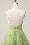 A Line Spaghetti Straps Green Ruched Short Graduation Dress with Open Back