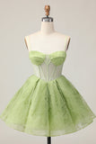 Green A Line Strapless Sheer Corset Ruched Short Graduation Dress
