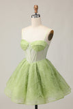 Green A Line Strapless Sheer Corset Ruched Short Graduation Dress