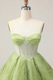 Green A Line Strapless Sheer Corset Ruched Short Graduation Dress