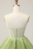 Green A Line Strapless Sheer Corset Ruched Short Graduation Dress