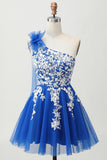 Royal Blue A-Line One Shoulder Tulle Graduation Dress with Lace Up Back