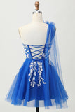 Royal Blue A-Line One Shoulder Tulle Graduation Dress with Lace Up Back