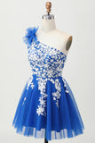 Royal Blue A-Line One Shoulder Tulle Graduation Dress with Lace Up Back