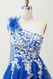 Royal Blue A-Line One Shoulder Tulle Graduation Dress with Lace Up Back
