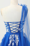 Royal Blue A-Line One Shoulder Tulle Graduation Dress with Lace Up Back