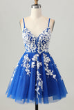 Royal Blue A-Line Spaghetti Straps Tulle Short Graduation Dress with Lace Up Back