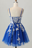 Royal Blue A-Line Spaghetti Straps Tulle Short Graduation Dress with Lace Up Back