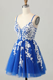 Royal Blue A-Line Spaghetti Straps Tulle Short Graduation Dress with Lace Up Back