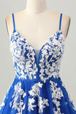 Royal Blue A-Line Spaghetti Straps Tulle Short Graduation Dress with Lace Up Back