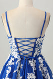 Royal Blue A-Line Spaghetti Straps Tulle Short Graduation Dress with Lace Up Back