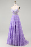 Purple Corset A Line Tiered Long Prom Dress